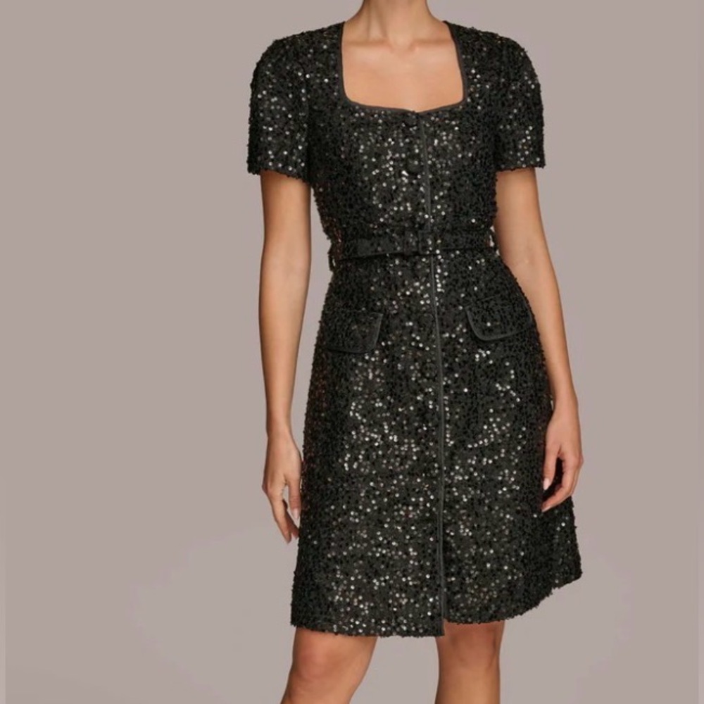 Donna Karan Black Square Neck Sequin A Line Mini Dress